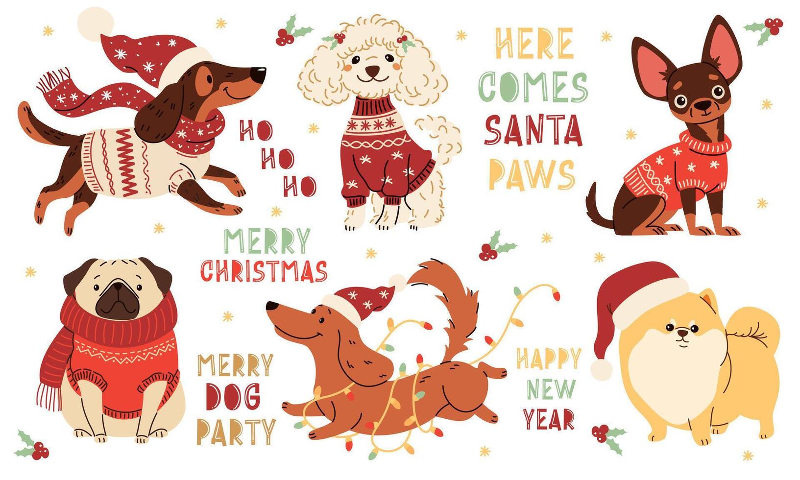 Cute dogs in warm sweaters and scarves, Santa Claus hat and Christmas garland. Dachshund Pug Spitz Poodle Spaniel Chihuahua. Christmas-themed inscriptions vector
