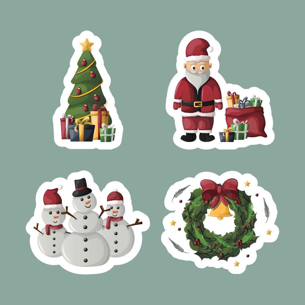 christmas tree, santa, and snowman sticker set vector