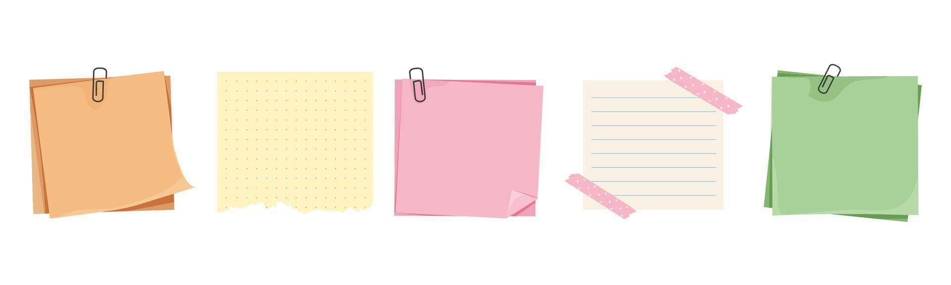 Memo notes, paper for note with clip, postit. Planner notebook page. Idea list. Post note sticker. Quote frame, reminder. vector