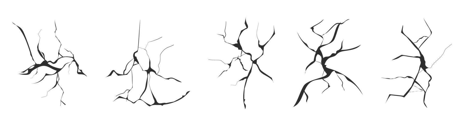 Cracked glass, wall, egg, fissures in ground top view. Set concrete, crevices from disaster, surface from earthquake, Ruined breaked land surface doodle, hand drawn vector