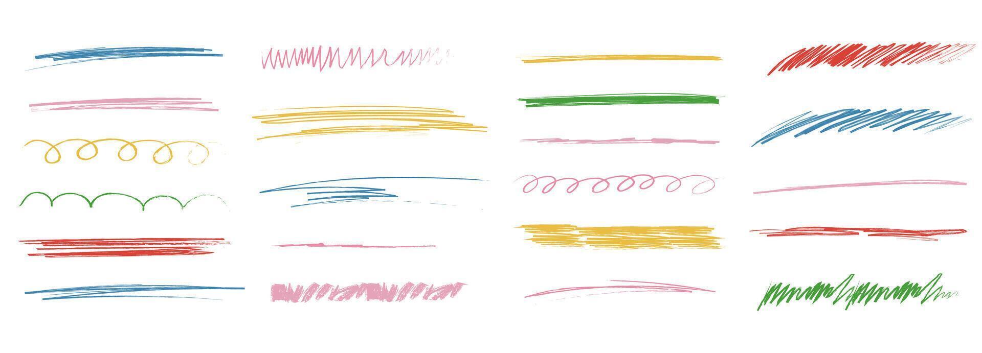 Chalk lines and squiggles, hand drawn doodle underlines thick line border, swoosh. Txtured sketchy crayon brush scribbles or wavy strokes vector