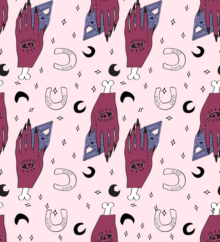 seamless pattern with witch's hands, moons and horseshoes. vector