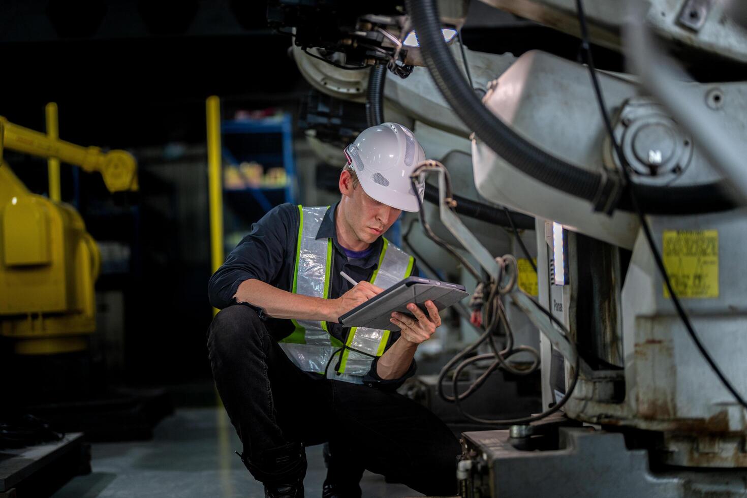 male engineer workers maintenance automatic robotic arm machine in a factory. worker checking and repairing automatic robot hand machine. photo
