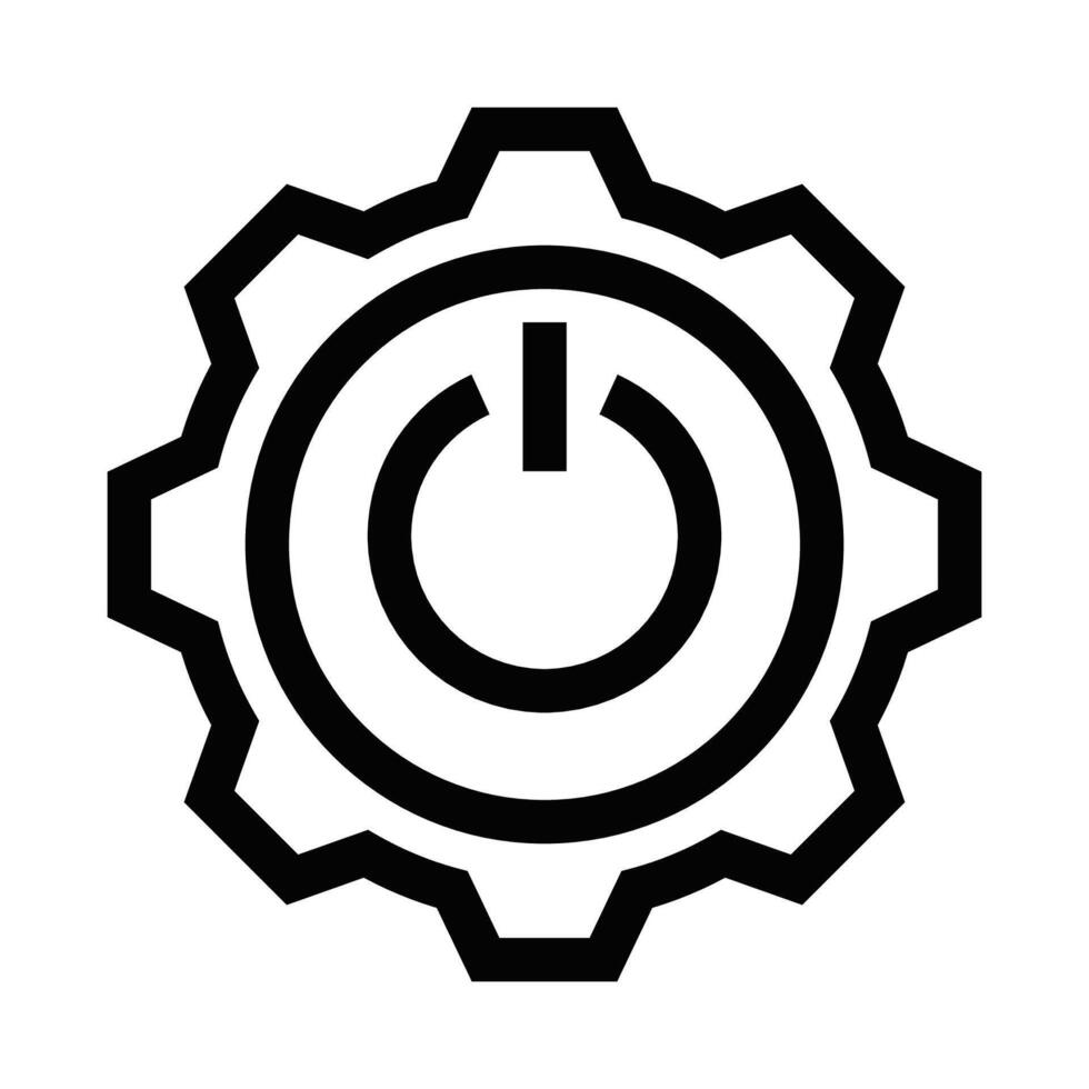 Black outline icon of a power button surrounded by a gear, symbolizing technology, settings, and energy control in a minimalist design. Editable stroke. vector