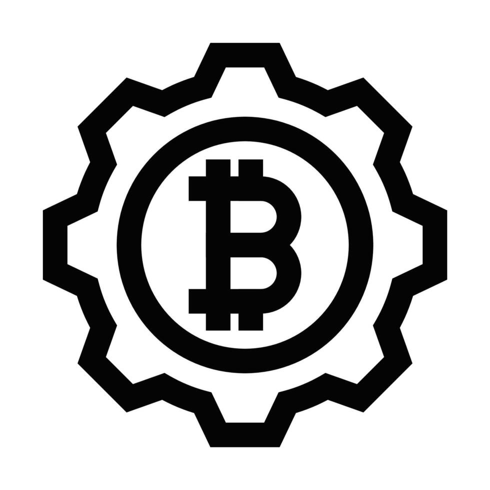 Black outline icon of a gear with a Bitcoin symbol in the center, representing cryptocurrency, blockchain, and financial technology. Editable stroke. vector