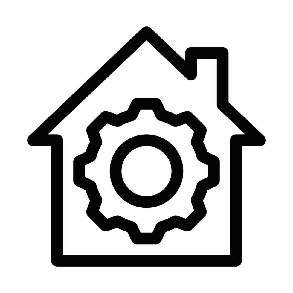 Black outline icon of a house with a gear inside, symbolizing home automation, settings, and technical systems in a minimalist style. Editable stroke. vector
