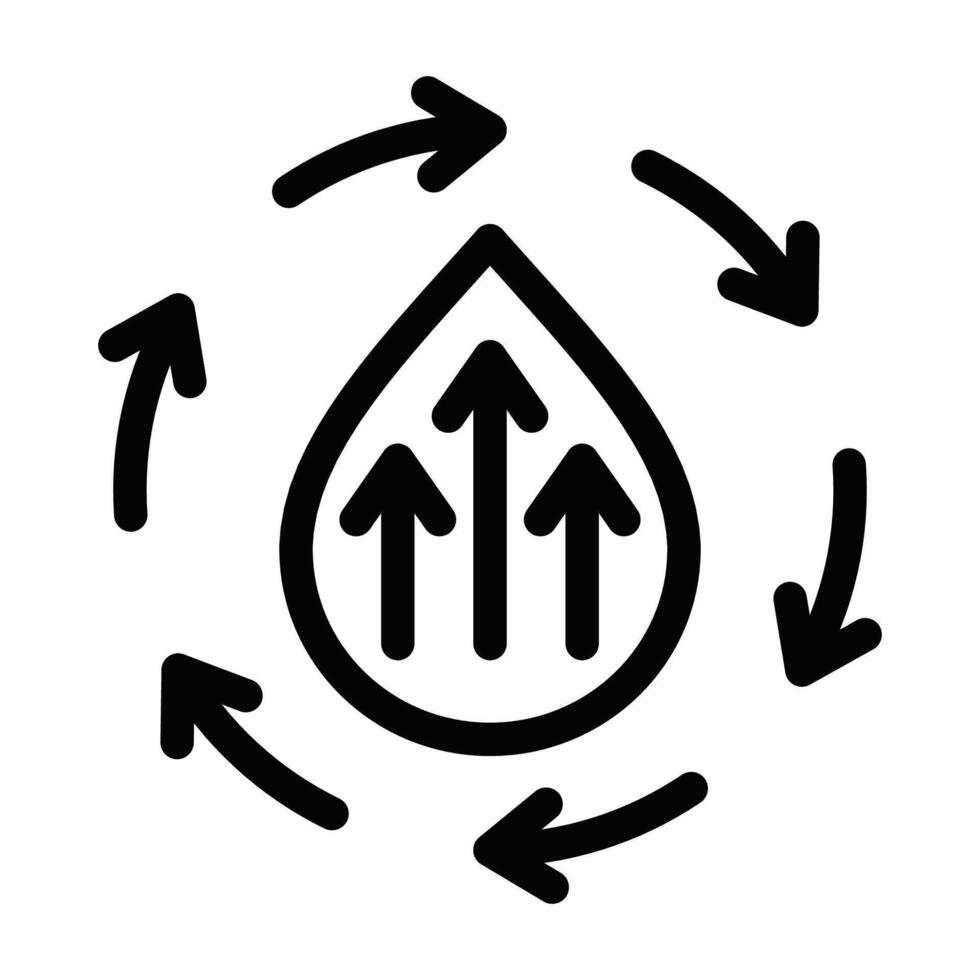 Simple black outline icon of a droplet with surrounding arrows, representing water flow, recycling, and environmental processes in a minimalistic style. Editable stroke. vector