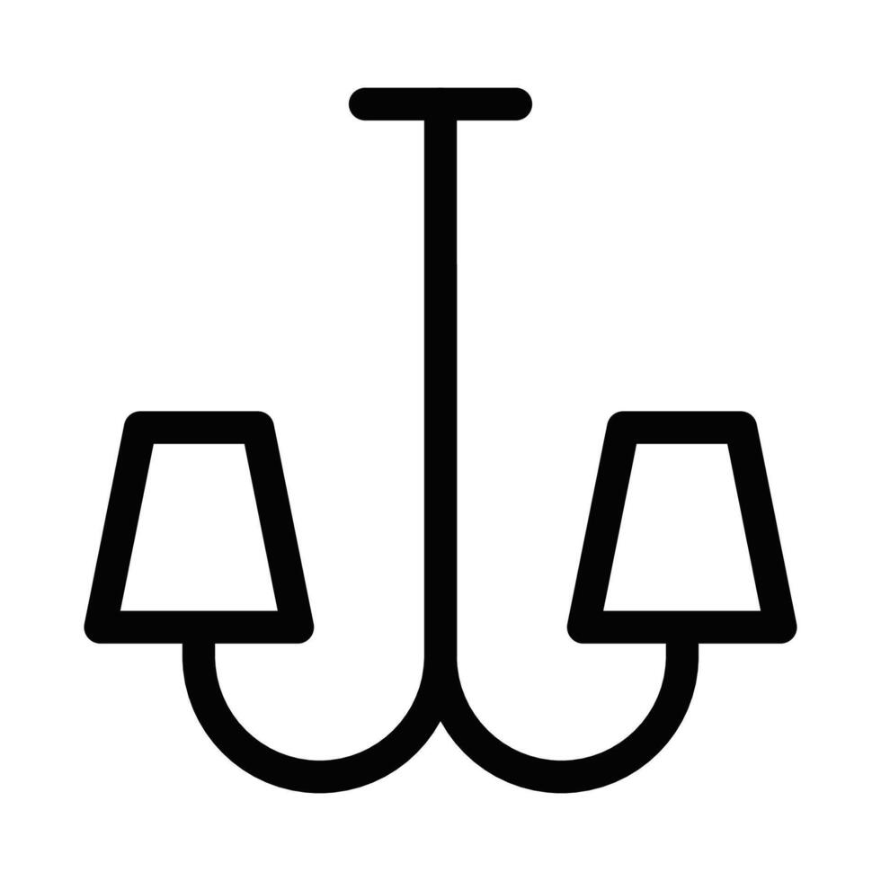 A minimalistic ceiling lamp icon in black outline, featuring two light shades hanging from a central rod. Editable stroke. vector