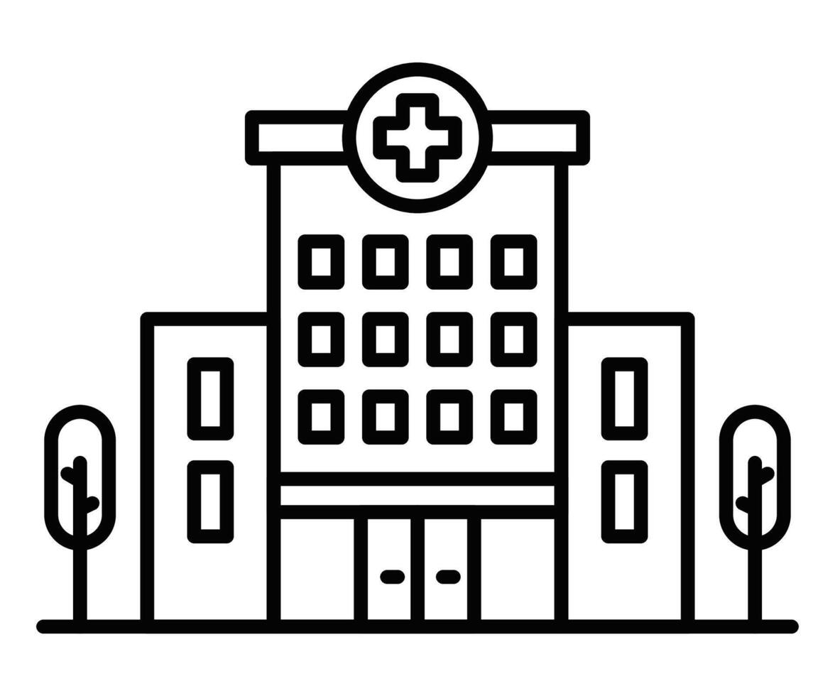 Black outline icon of a hospital building with a cross symbol. Represents healthcare, medical services, or hospital facilities. Editable stroke. vector