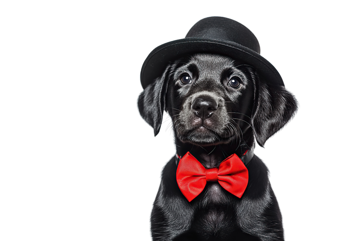 Labrador retriever puppy with bow tie and black hat on transparent background. png