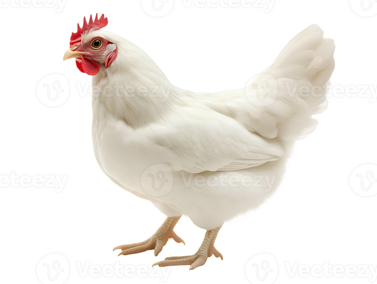 full-body white chicken side profile clear details of feathers and comb on isolated background png