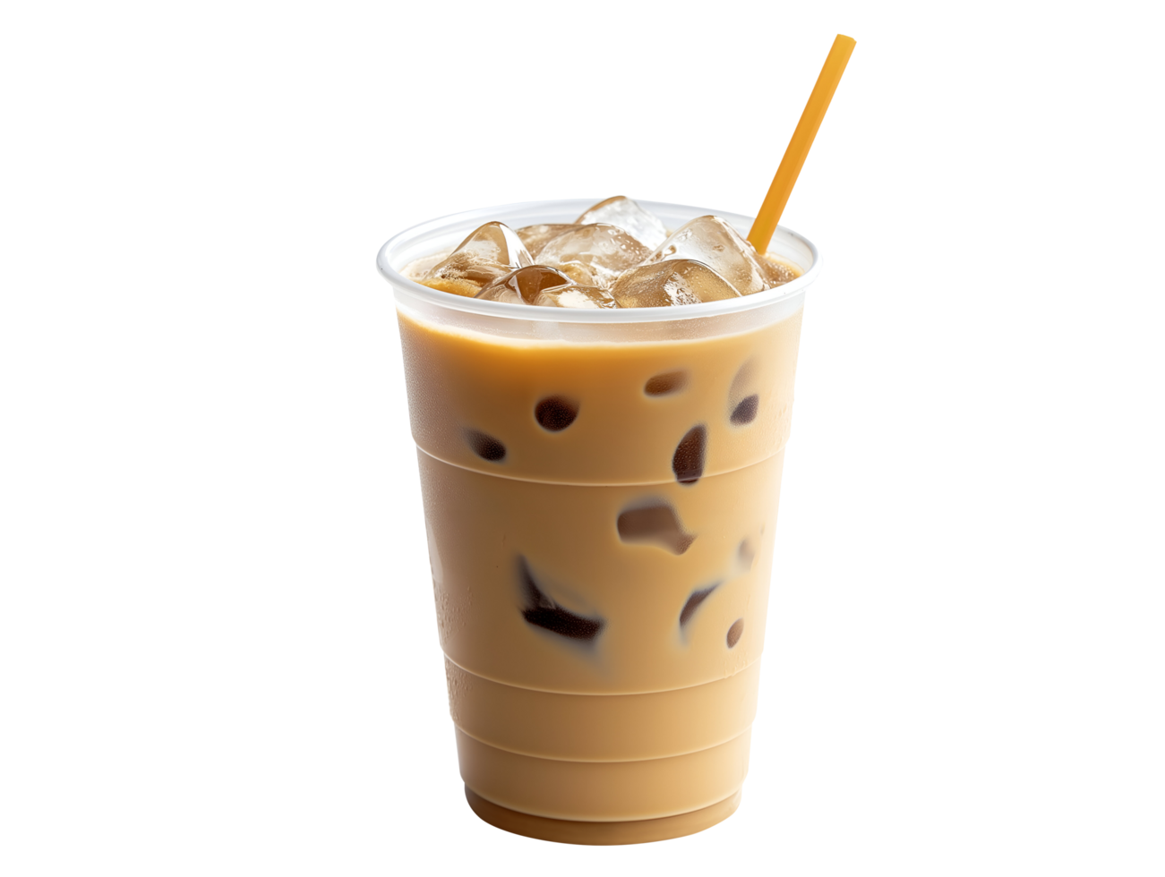 clear plastic iced coffee cup with straw filled with ice cubes on isolated background, refreshing cold beverage in to-go cup, png