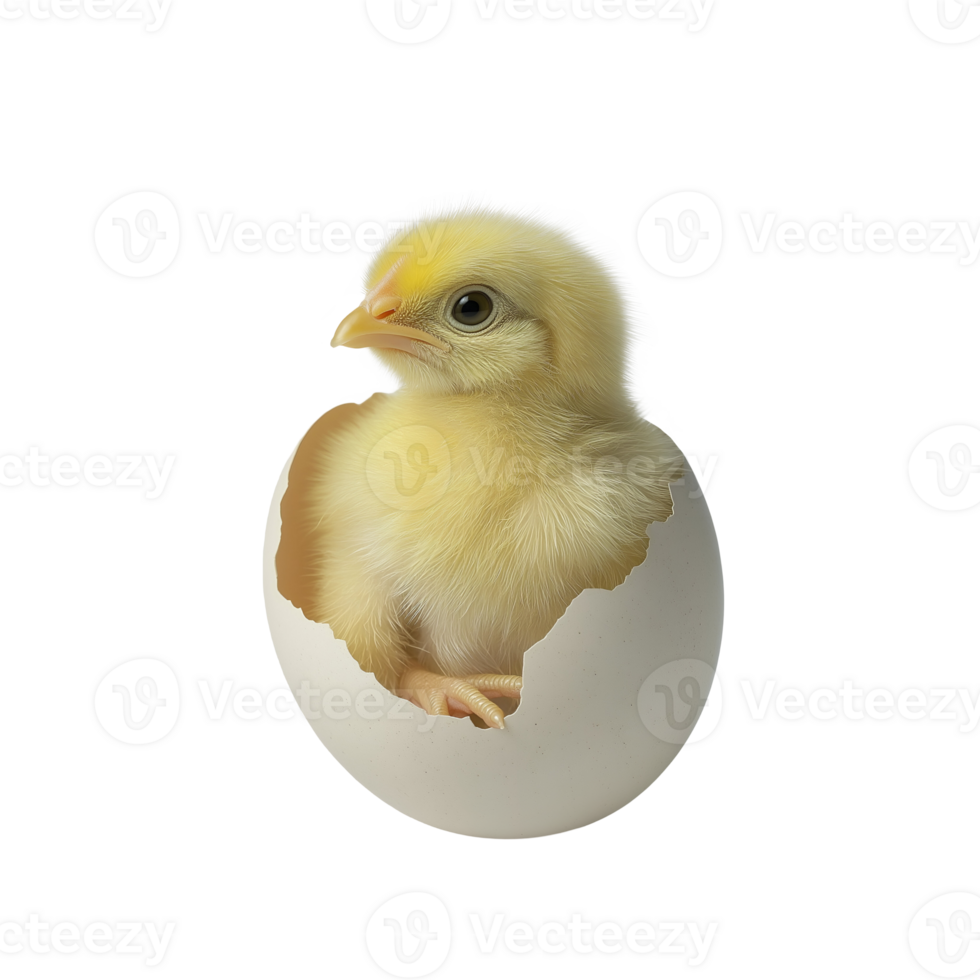 close-up of a newborn yellow chicken partially emerging from a cracked egg on isolated background, png