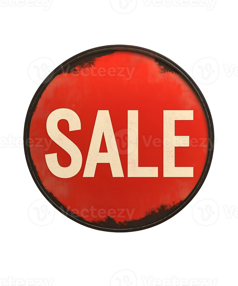 retro round red sale sign with distressed edges and bold white text on isolated background, vintage style sale label for retail promotions and advertisements png
