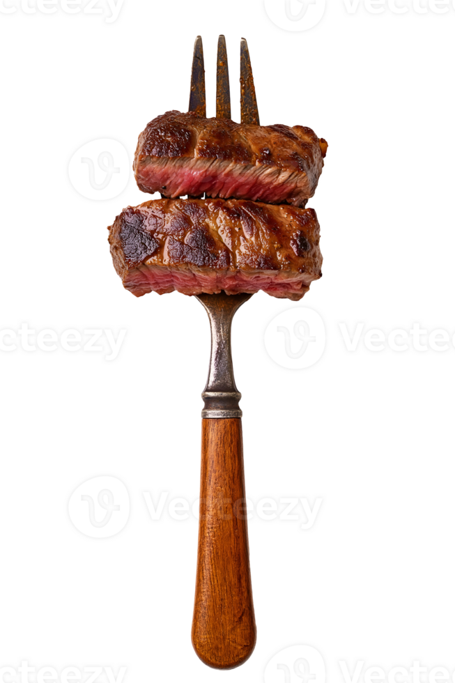 juicy beef steak slices resting on a beautifully crafted vintage fork on isolated background, perfectly cooked medium rare steak png