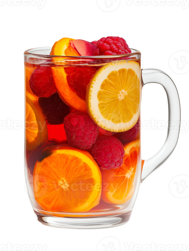 fruit-infused tea with vibrant red and orange hues in a glass mug with floating lemon and berries on isolated background png