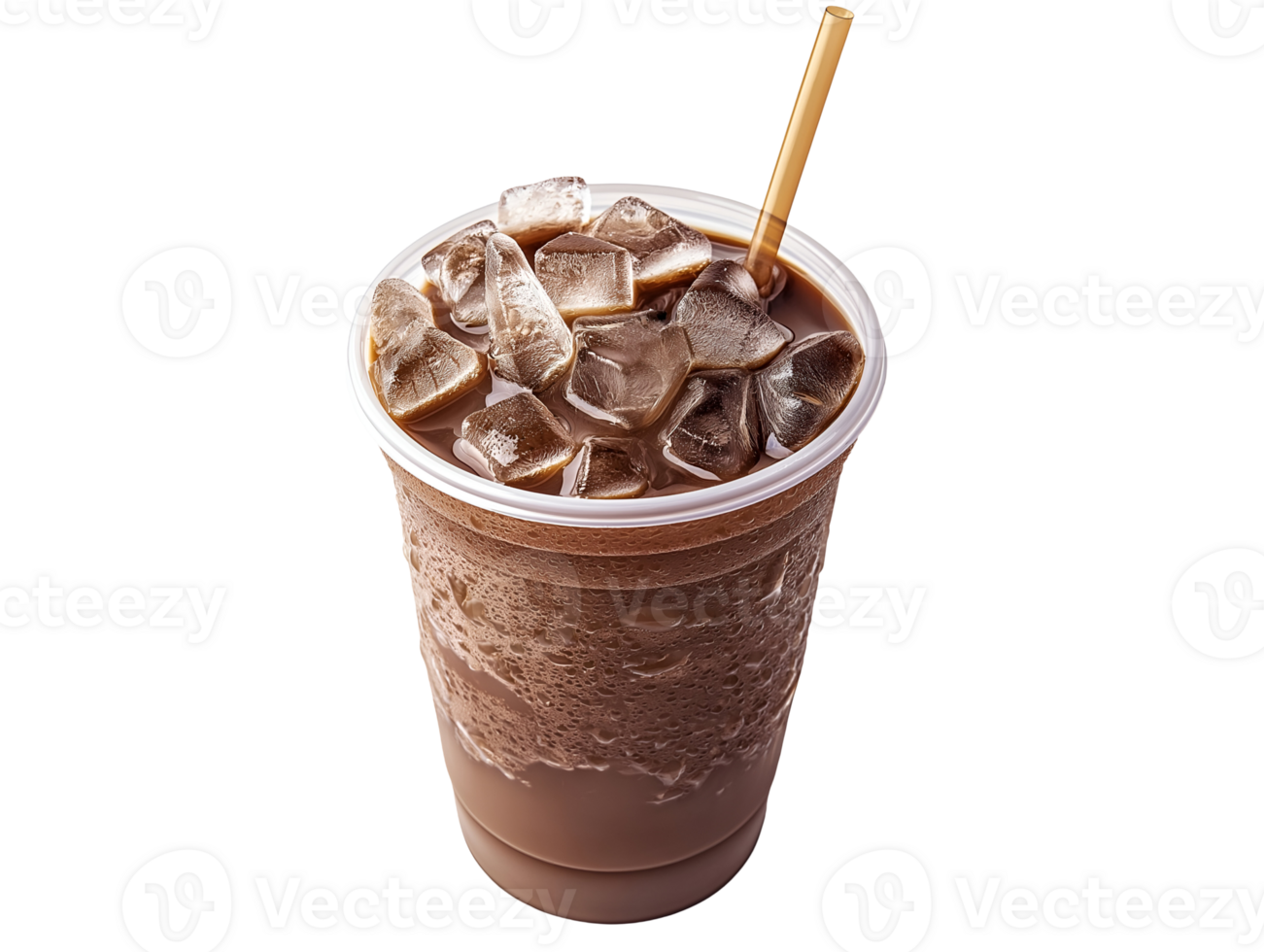 clear plastic iced coffee cup with straw and ice cubes on isolated background png