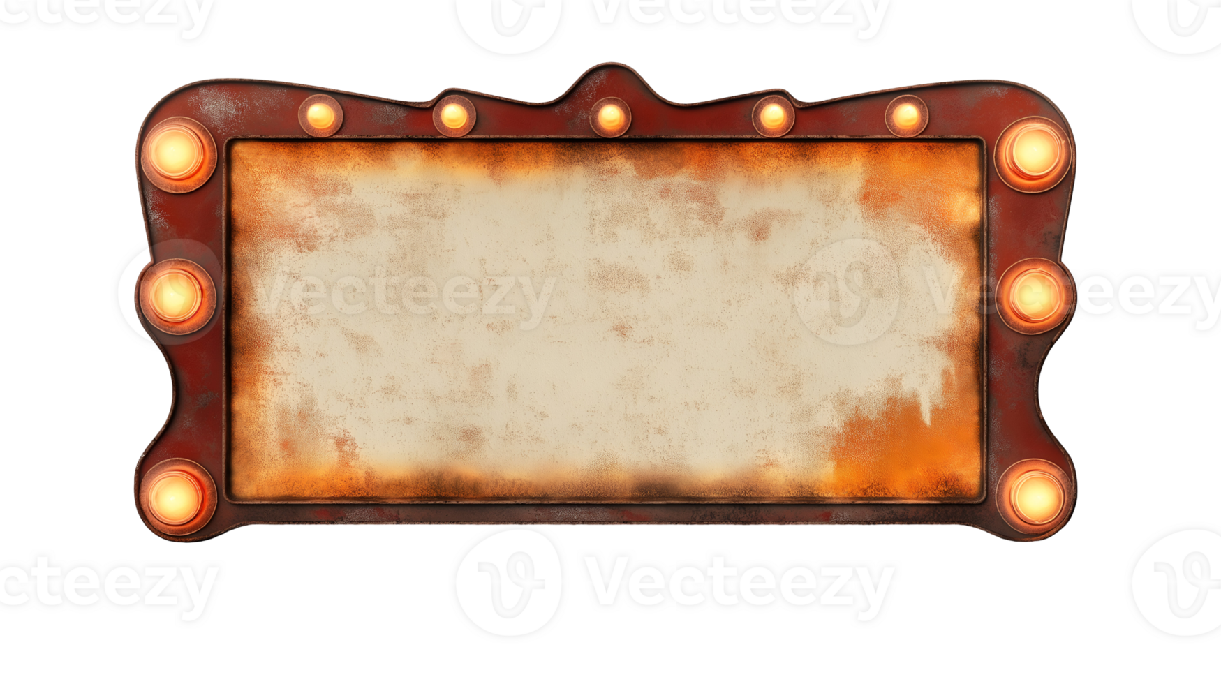 vintage illuminated billboard sign with glowing electric lamps and distressed texture on isolated background, retro-style marquee board for advertising and promotional use png