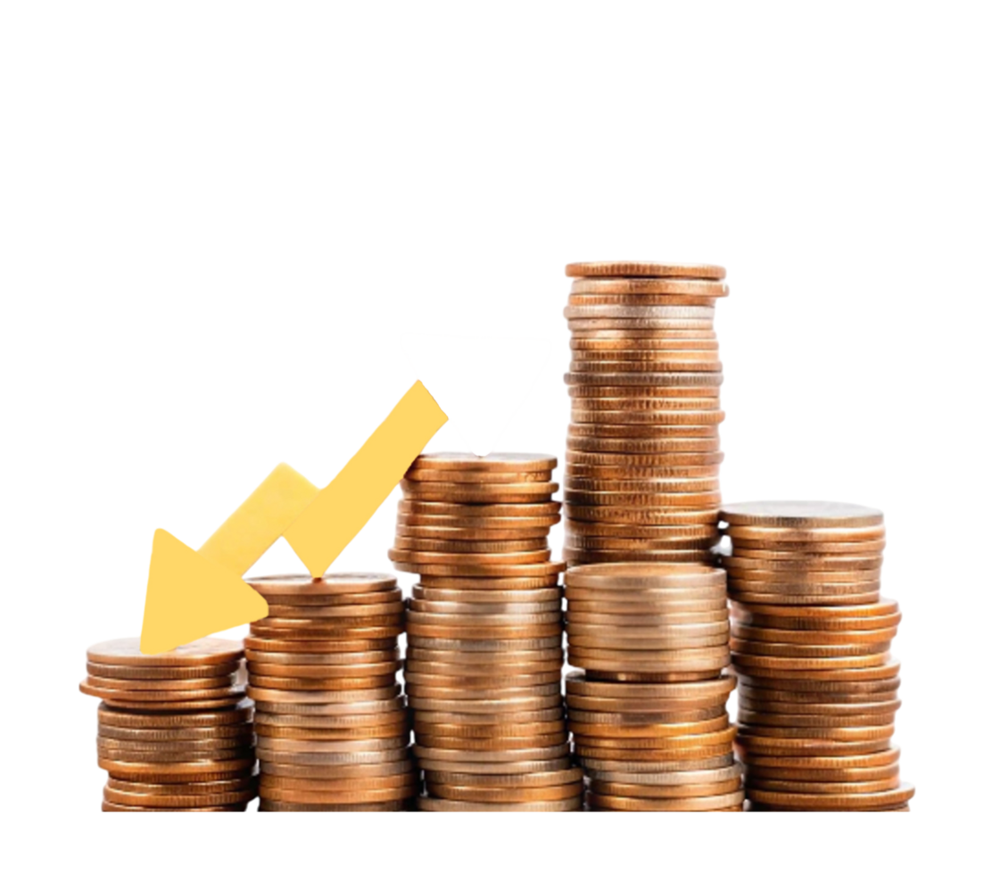 Stacks of coins with downward arrow illustrating financial decline png