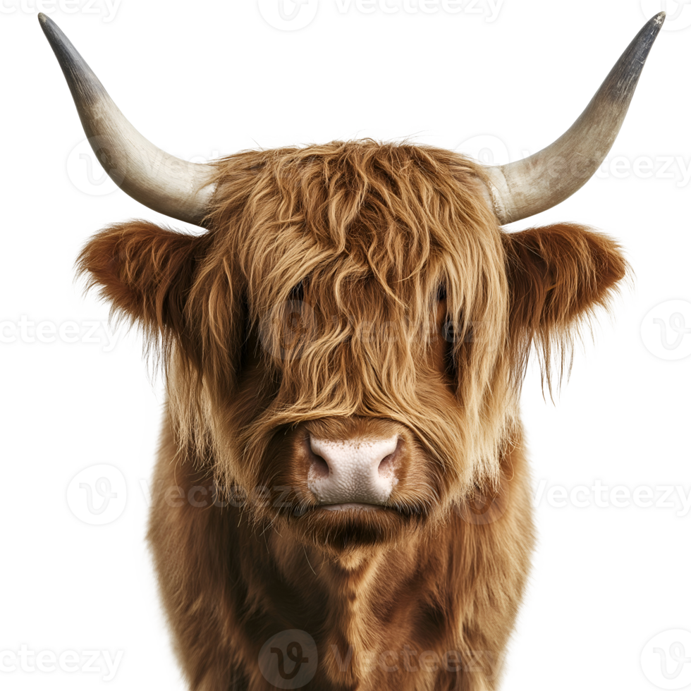 highland cow with long fur covering its face and large curved horns on isolated background png
