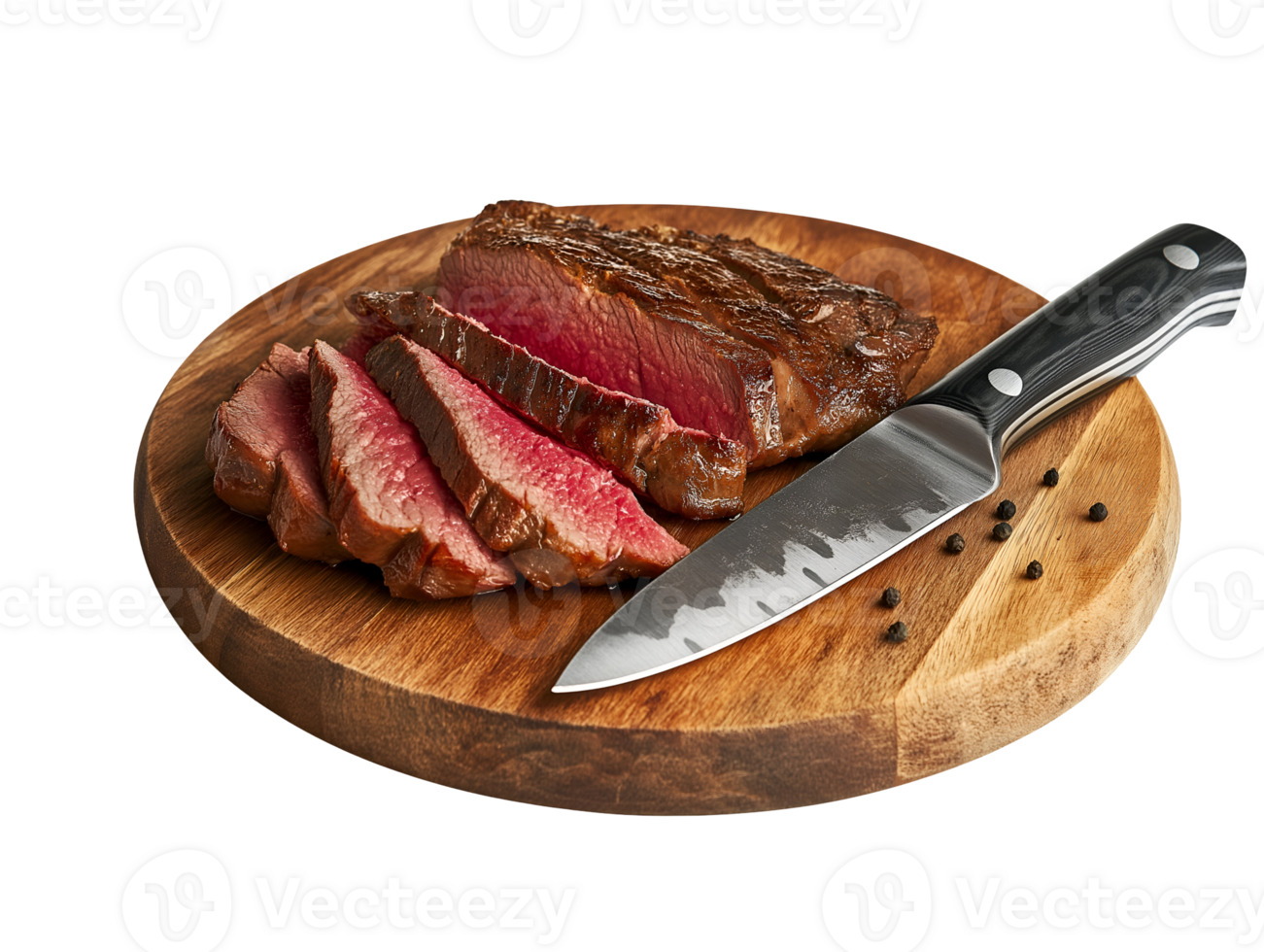 man slicing beef meat with a sharp knife on a rustic wooden board, medium-rare grilled steak slices on isolated background png