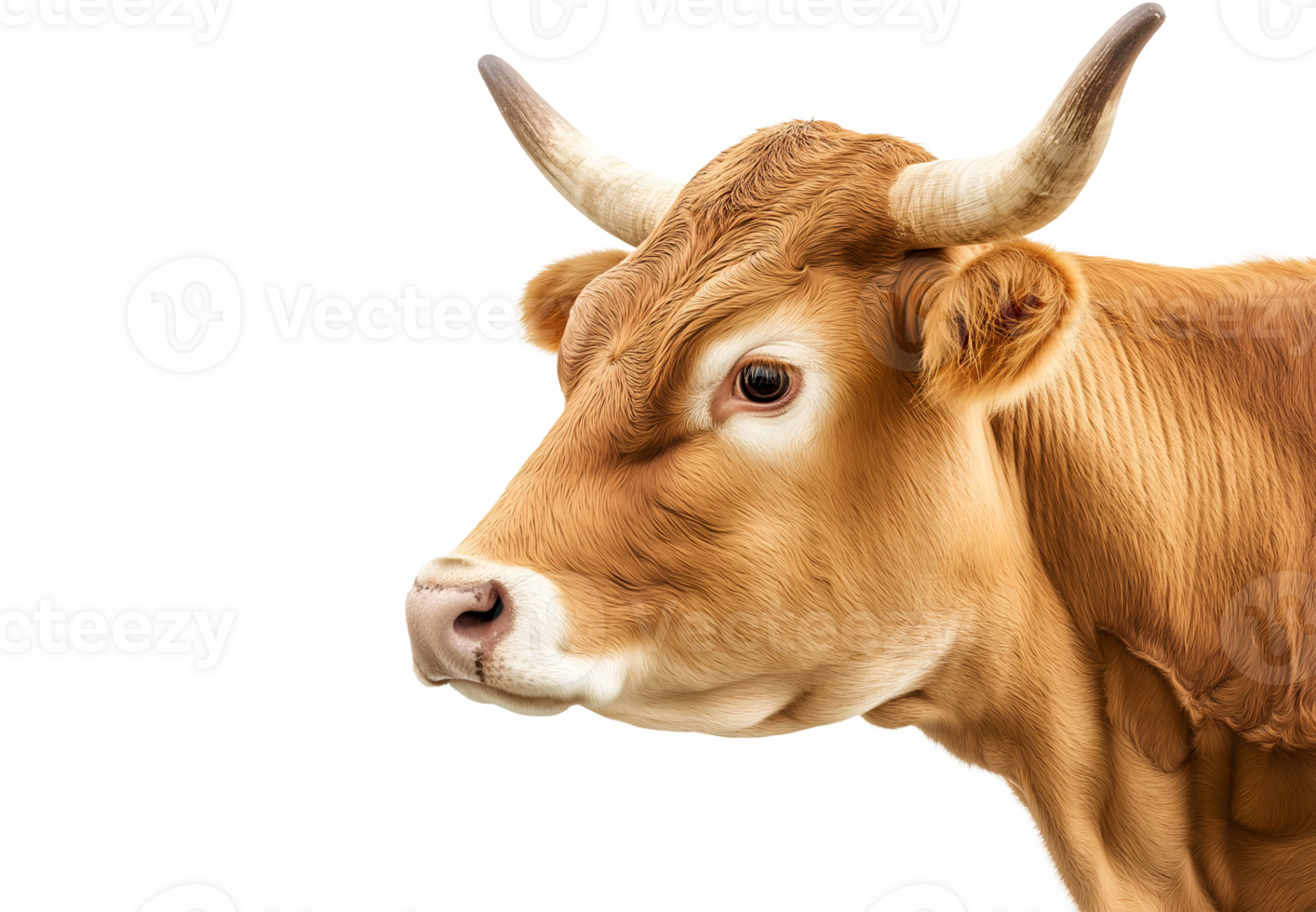 side view portrait of a golden brown cow with detailed fur texture on isolated background png