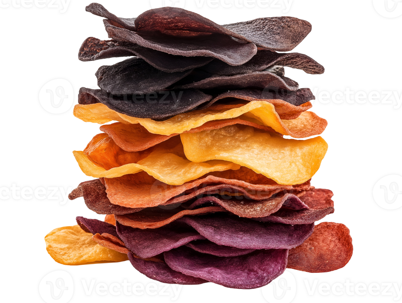 stacked assorted potato chips showcasing vibrant colors and textures on an isolated background png