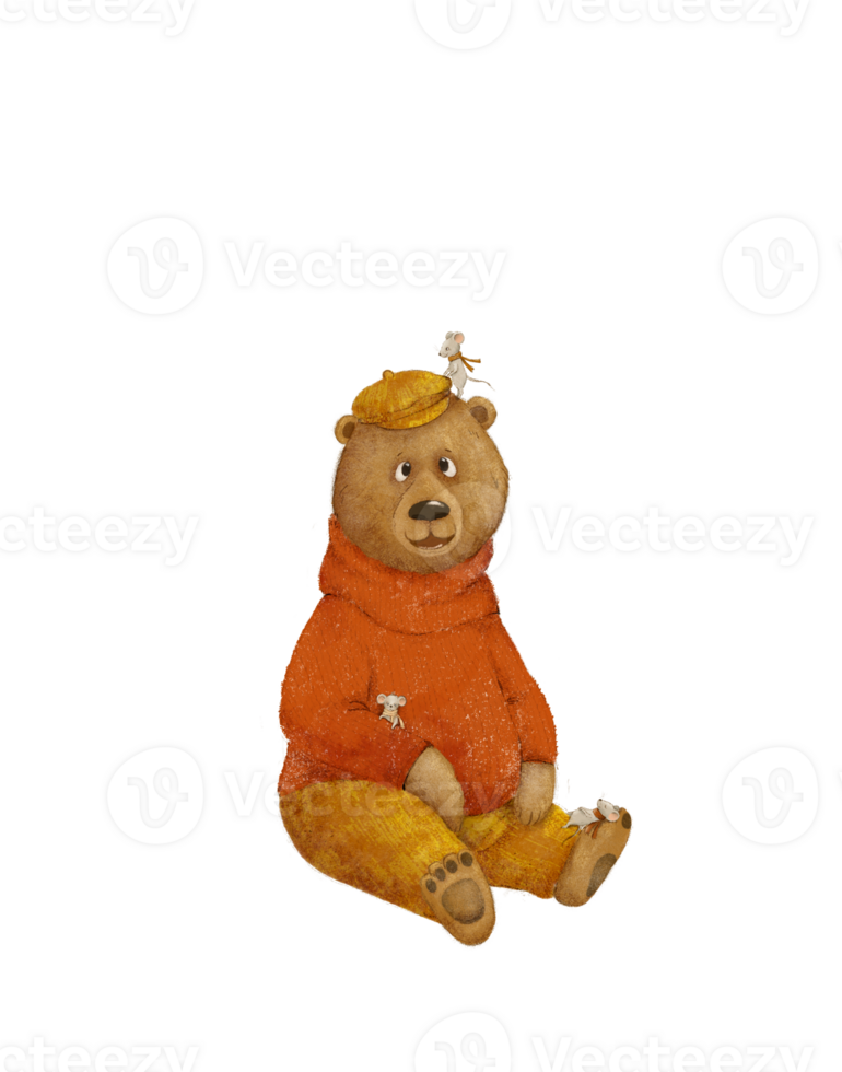 Drawing of funny cartoon bear with mice, png