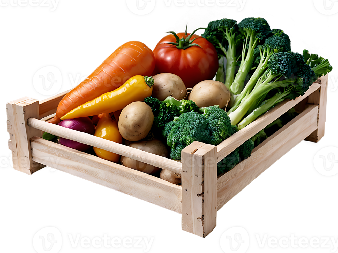 A wooden crate with vegetables in it png