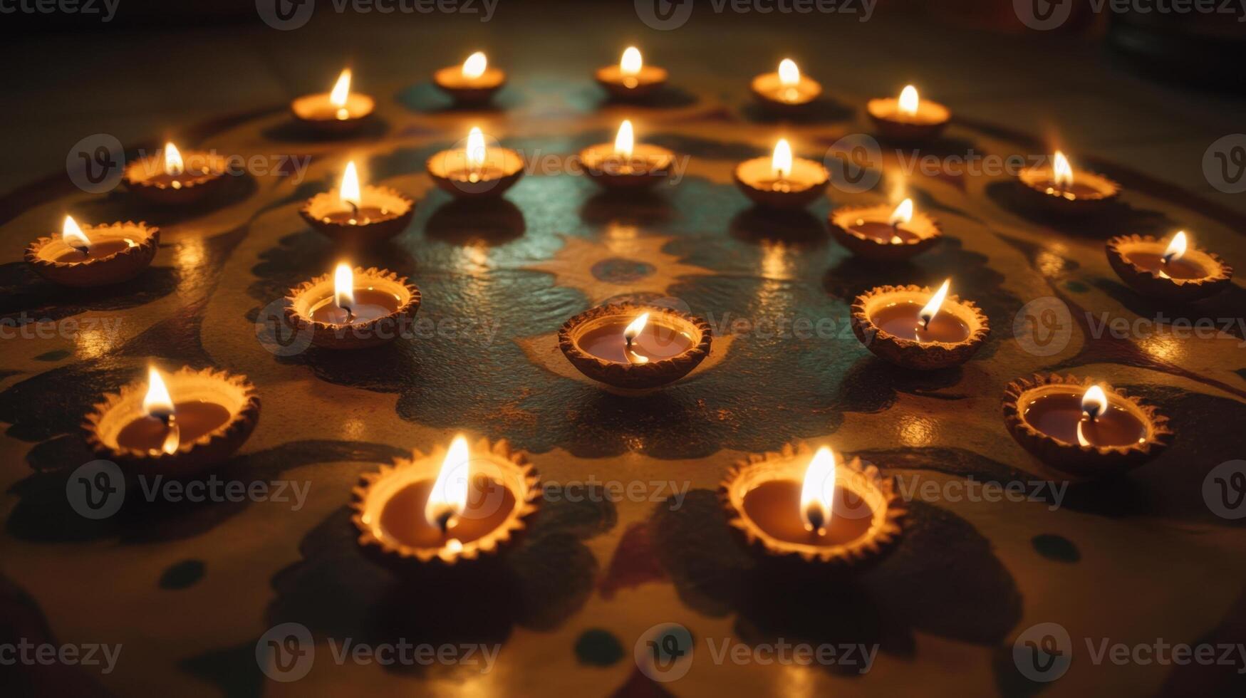 Diya lamps arranged in a circle on a tiled floor. photo