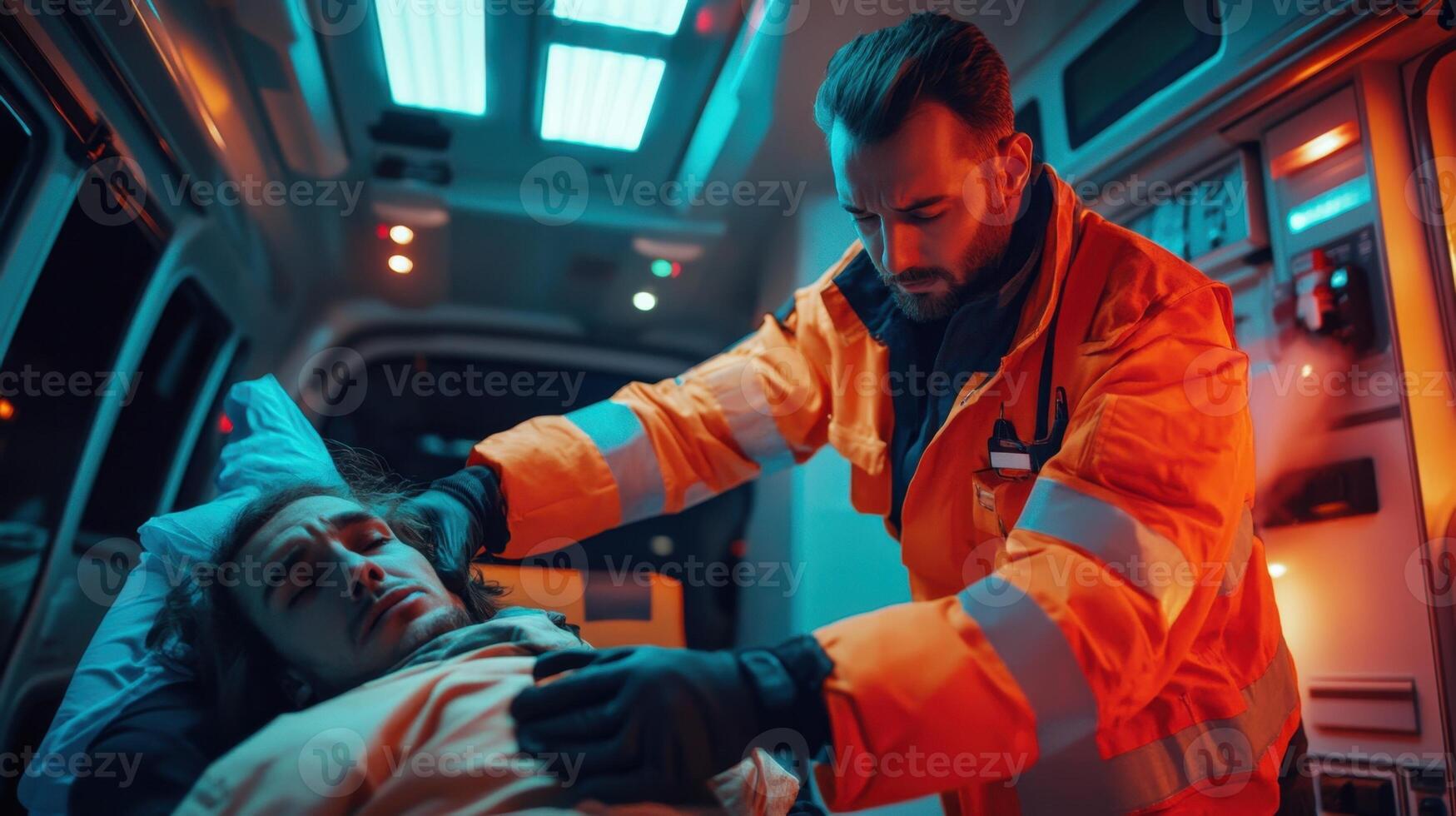 Paramedic examining patient in ambulance with neon lights. Concept of emergency, healthcare, rescue and medical service. photo