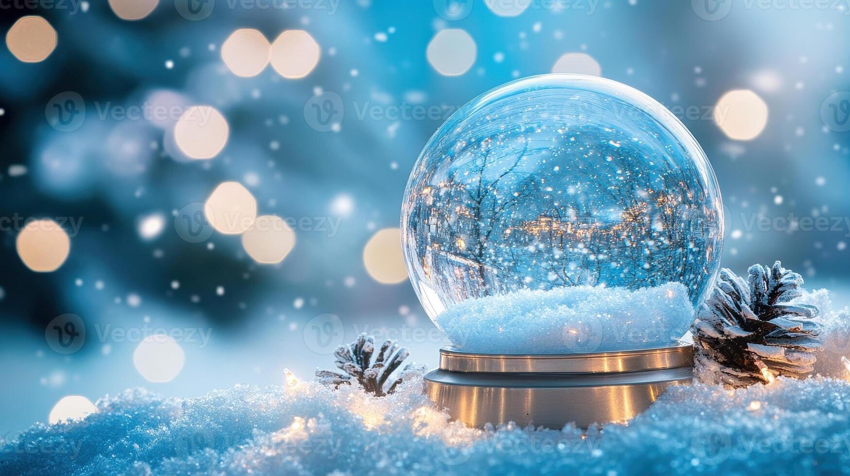 Enchanting snow globe with winter landscape and fairy lights photo