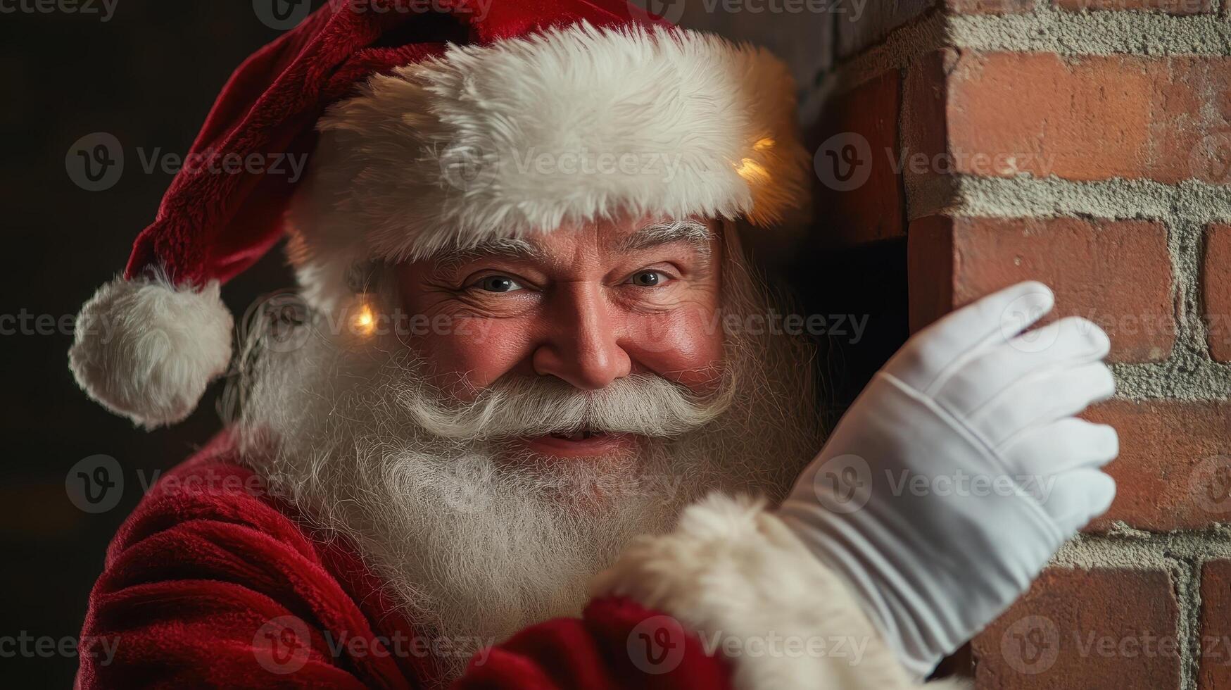 Friendly Santa Claus in red suit with white beard and hat, preparing for the holidays. photo
