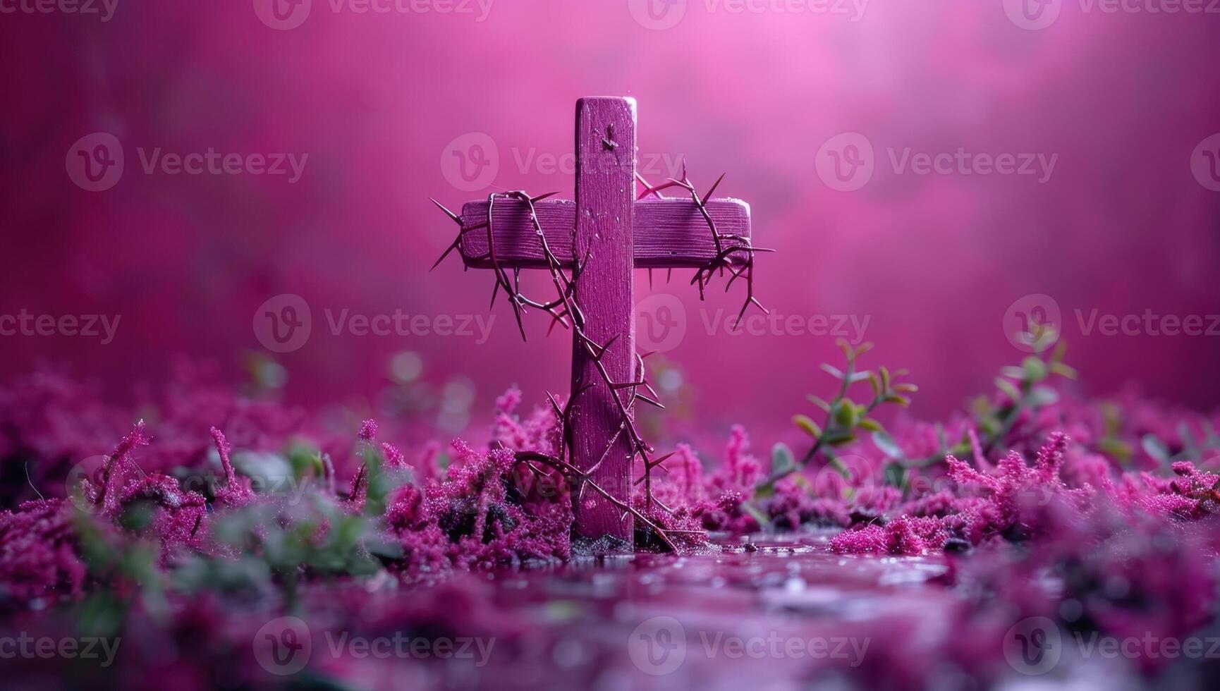Purple cross with thorns and pink light. Symbolic of hope, faith, and sacrifice. photo