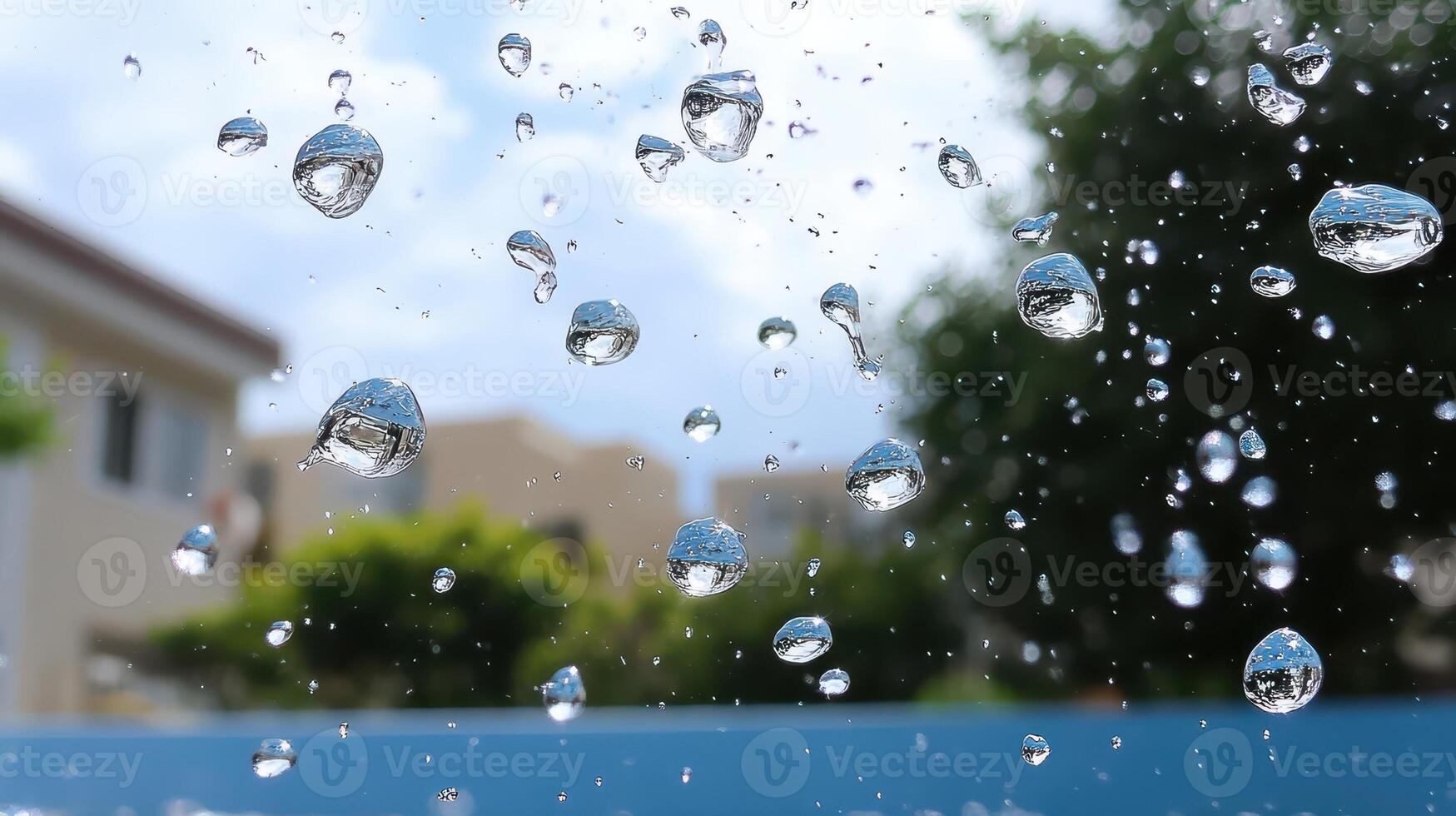 Rain drops on a window pane with blurred background. Abstract water drops texture. photo