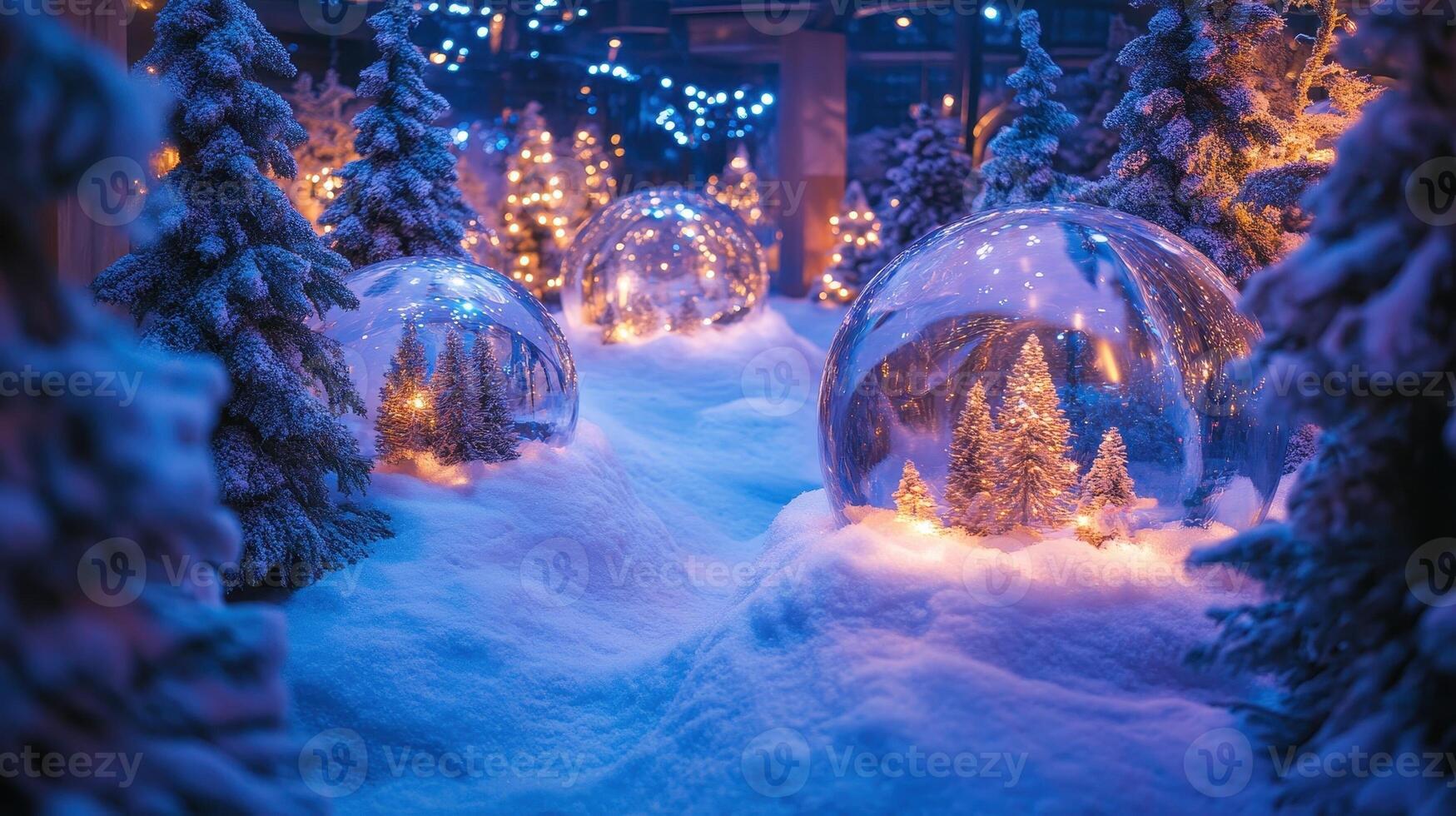 Christmas snow globes in a winter. Festive holiday scene with snow, lights, and trees. photo