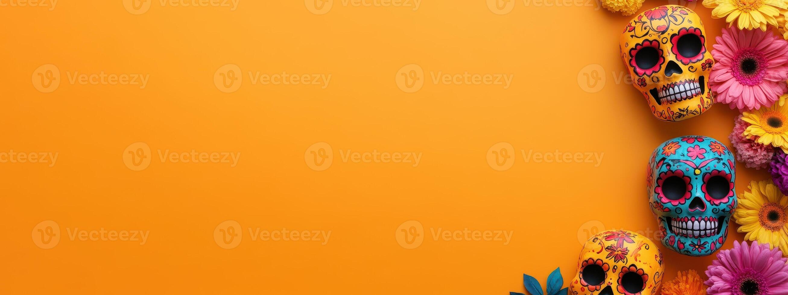 Day of the Dead, Dia de los Muertos background. Sugar skulls with flowers on orange background with copy space photo