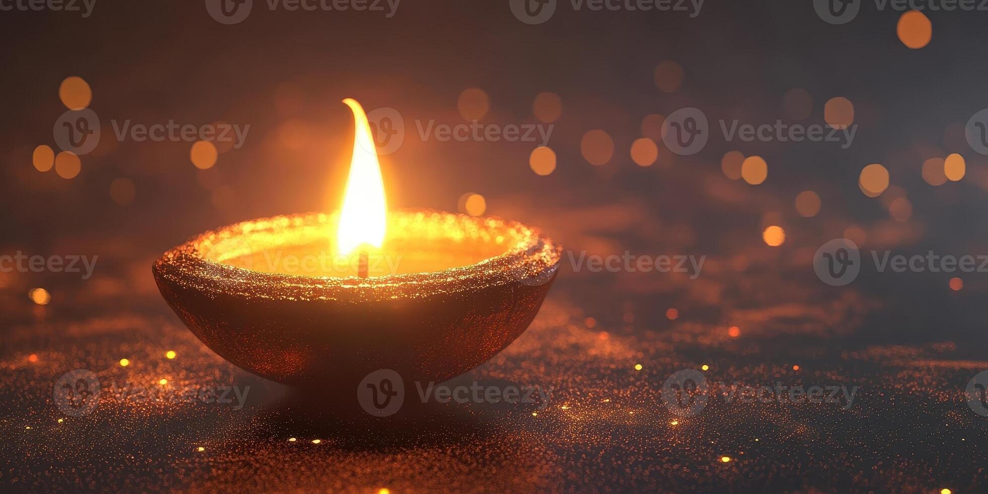 Burning diya lamp with beautiful bokeh. Concept for Diwali, hope, peace, and spirituality. photo