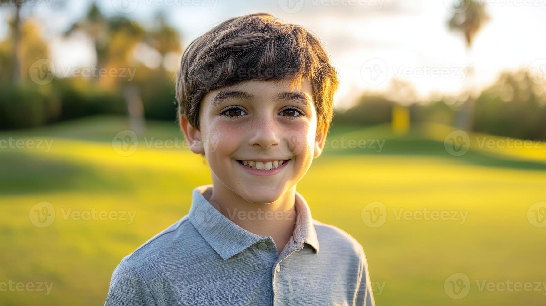 Young Boy Smiling Outdoors at Golden Hour. Concepts Childhood, Happiness, Fun. photo