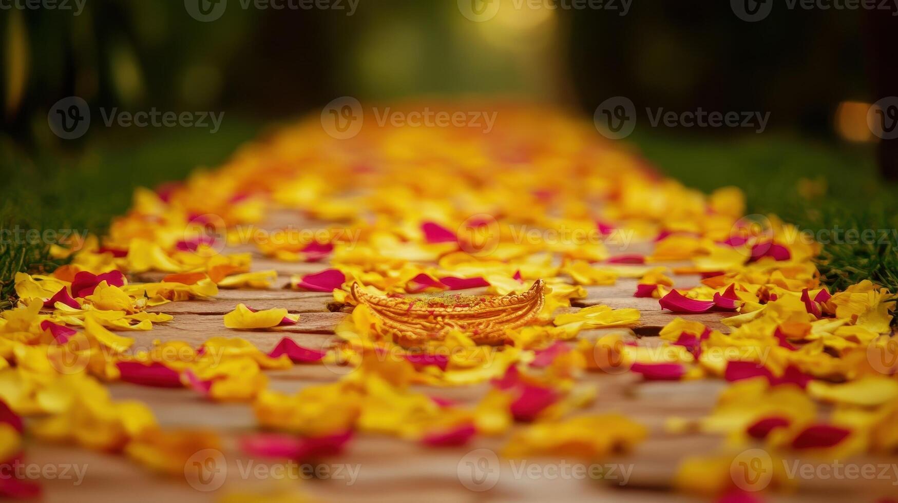 Indian wedding ceremony, Gold jewelry on a path covered with yellow and red rose petals. Concept of marriage, celebration, tradition, and luxury photo