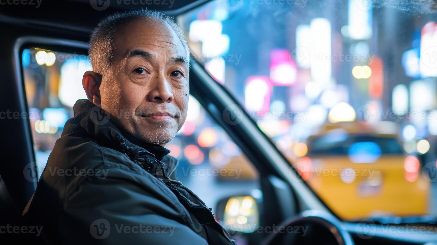 Portrait of a mature Asian man driving in the city at night photo