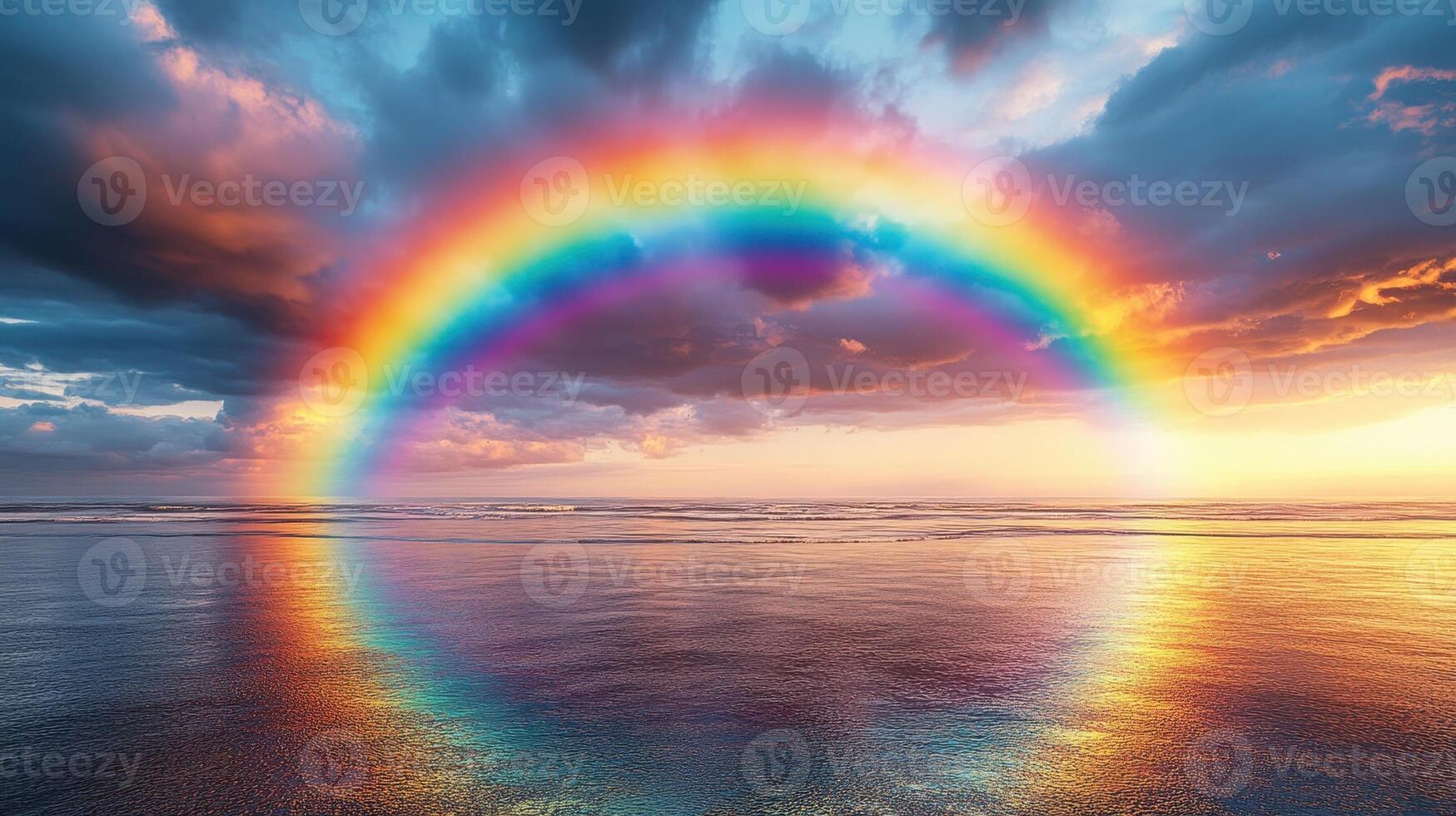 Double Rainbow over Tranquil Ocean Sunset, Serenity and Hope photo