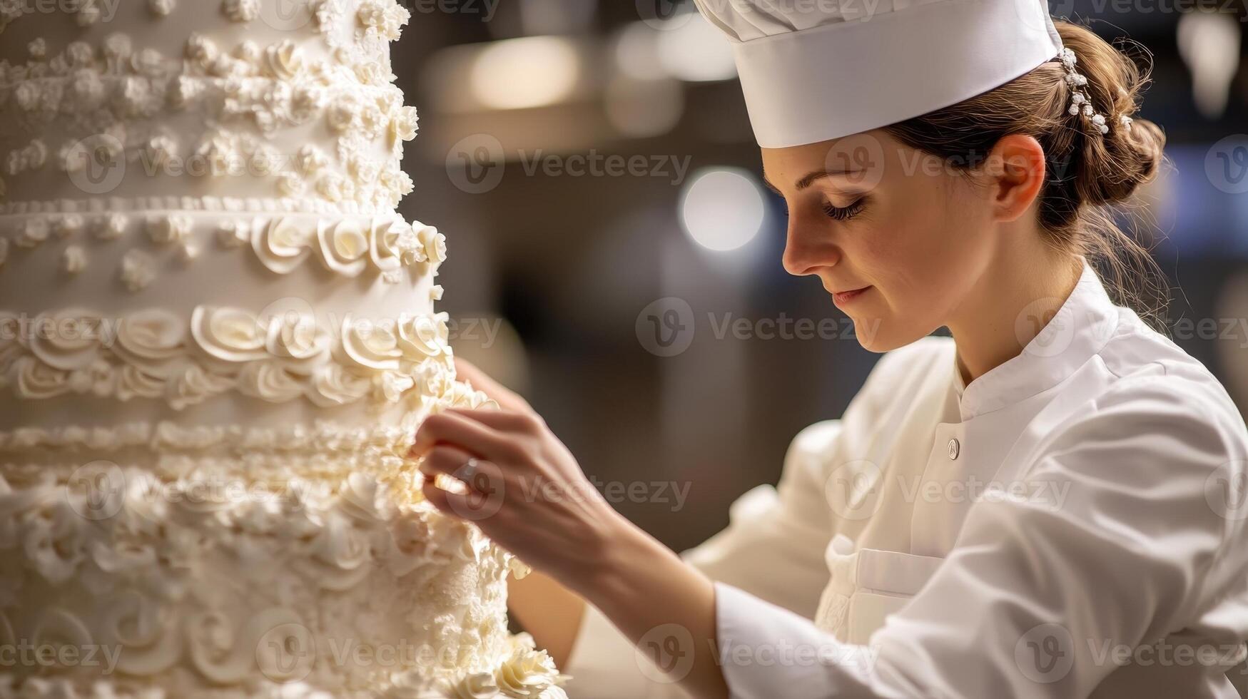 Pastry chef putting the final touches on a tiered wedding cake. Concept of Baking, celebration, culinary arts photo