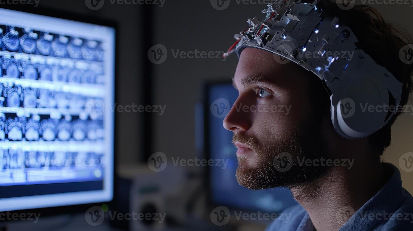 Focused Scientist Analyzing Brain Scans with EEG Headset in a Laboratory photo