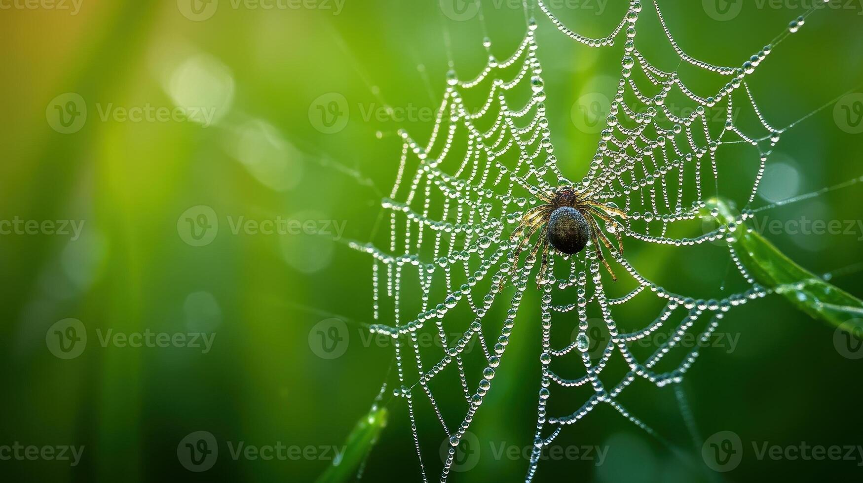 Spider web covered in morning dew with a spider in the center photo