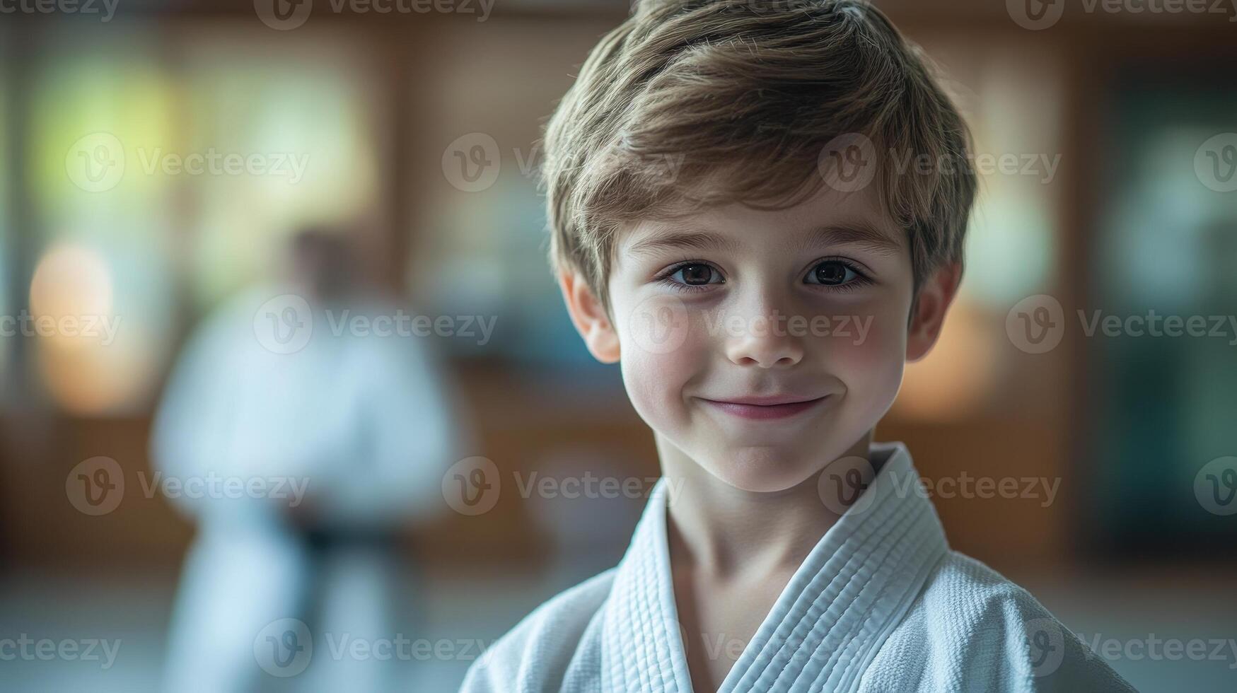 Young boy in karate uniform smiling confidently in dojo. Themes of martial arts, self defense, discipline, and childhood activities. photo