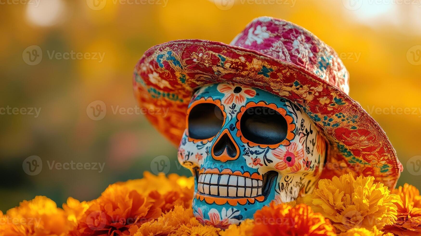 Decorated Sugar Skull with Red Hat for Dia de los Muertos Celebration. Concept of Mexican tradition, remembrance, and honoring the dead. photo