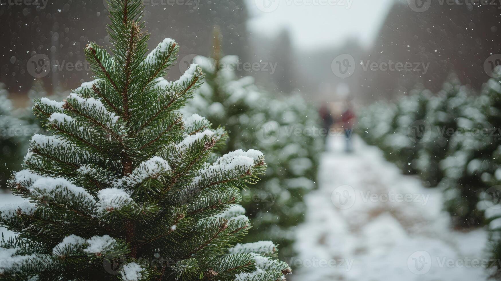 Rows of fresh green Christmas trees covered in snow in a Christmas tree farm or forest with a couple walking in the background, on a cold winter day with snowflakes falling. photo