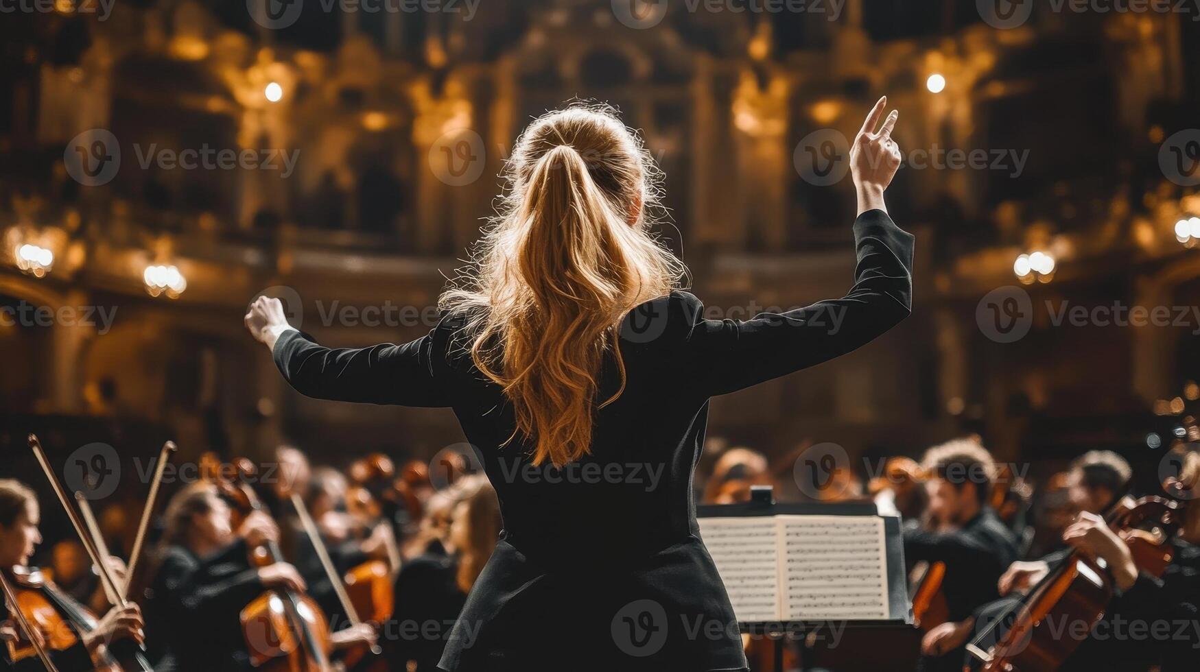 Woman conductor leading orchestra in a concert hall. Concept of music, art, performance, and classical music. photo