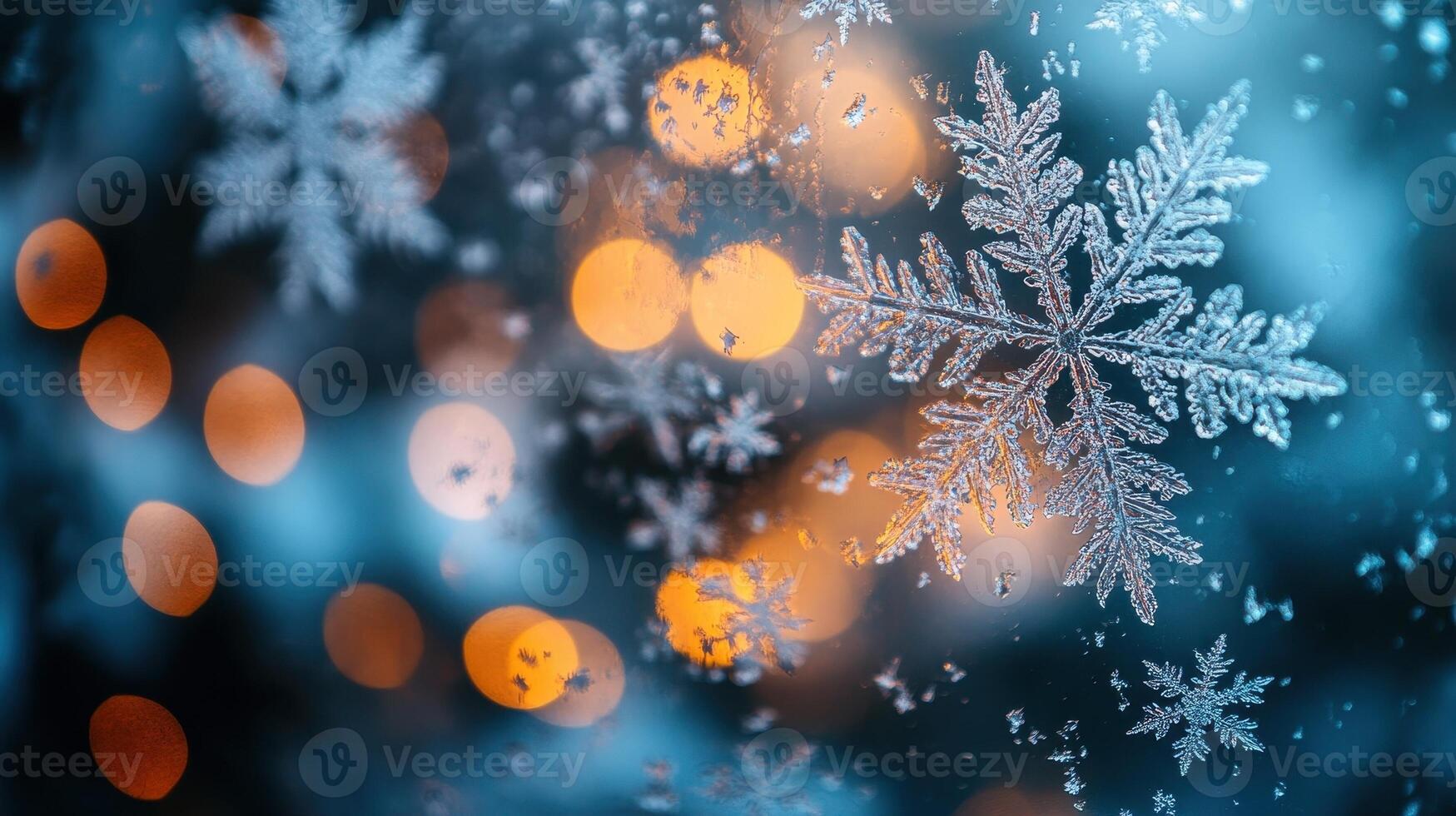 Snowflakes on window with bokeh lights. Winter, Christmas, holiday background. photo